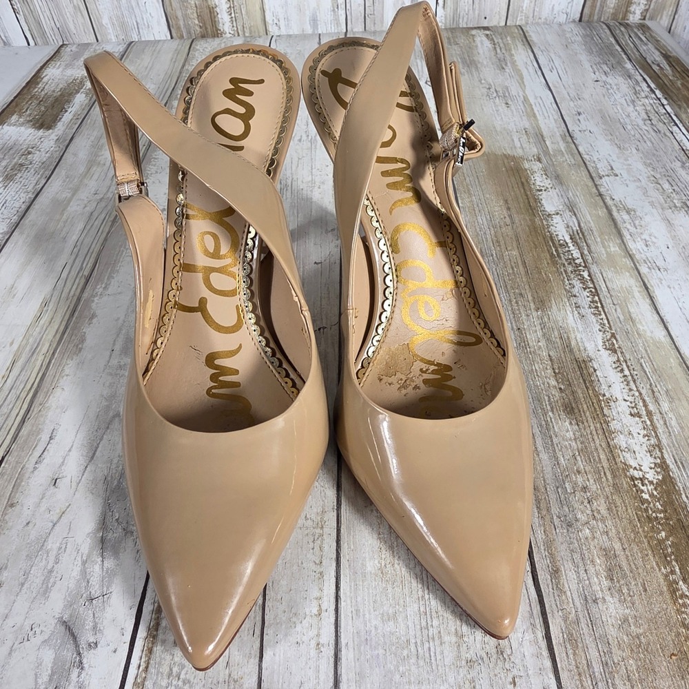 Sam Edelman Nude Patent Leather Slingback Pointed Toe Stiletto Heels Size 7